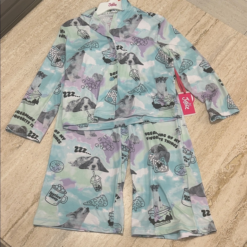 NEW 🆕 Justice Kids Pajama Set - Dog Pizza Snack print 5/6 years